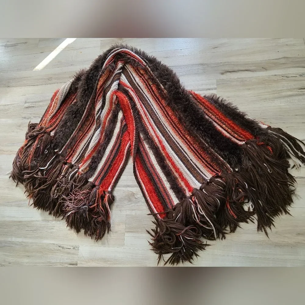 Handmade Thick Knit Fringe Throw Blanket Autumnal Colors Afghan 86x40
